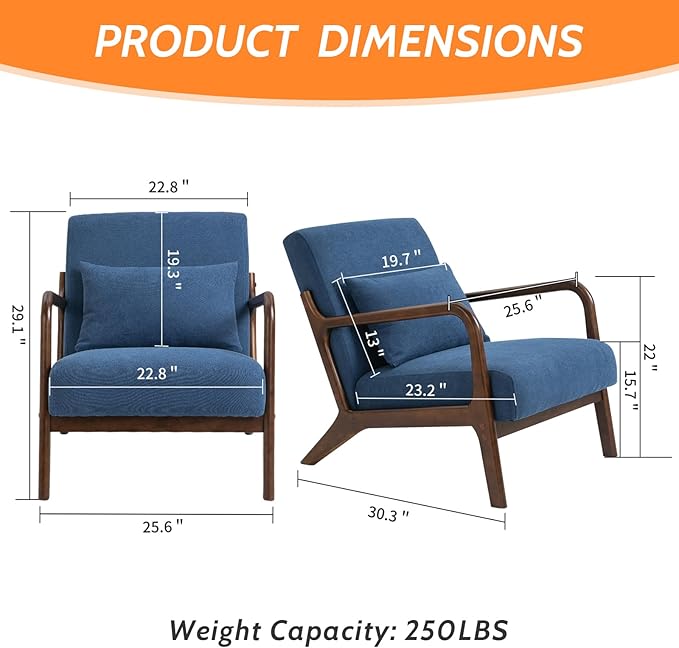 Modern Accent Chair Cotton Linen Fabric Upholstered Lounge Armchair with Solid Wood Frame for Living Room Bedroom Reading Nook (Blue)