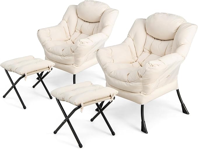 KOMFOTT Lazy Chair with Ottoman Set of 2 Leisure Upholstered Reading Sofa Chair with Armrests &amp Side Pocket Modern Lounge Accent Chair with Folding Footrest for Living Room Bedroom Balcony Be