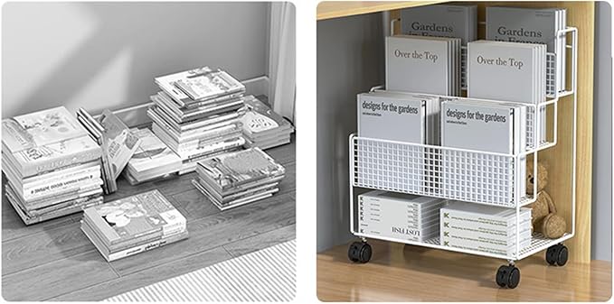 AVSMGP Rolling File cart with Shelves 4-Tier Mobile Bookshelf Metal File Storage Utility Storage cart for Office Home SchoolWhite