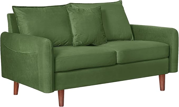 56.1 Round Arm Velvet Loveseat with Side Pockets and a Square Pillow (Army Green) | Side Storage Pockets Pillow Included