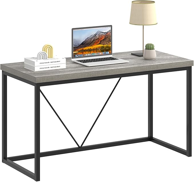 FOLUBAN Modern Home Office Desk Industrial Vintage Computer Desk Rustic Wood and Metal Study Writing Table Simple Work Gaming PC Desks for Bedroom Living Room Light Grey 53 Inch