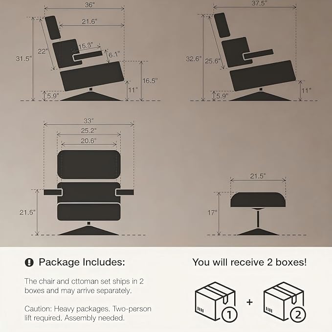 Mid Century Chaise Lounge Chair and Ottoman Reading Chair Leather Accent Chair Modern Chair Classic Design Heavy Duty Base Support for Living Room (Walnut-White Upgraded)