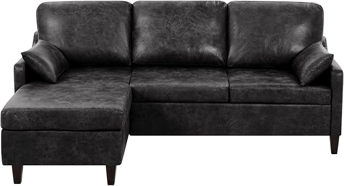 76 Sectional Sofa Couch w/Reversible Chaise Suede Leather L Shaped Sofa w/USB Charger Ports &amp Storage Bag Convertible Modern Couch w/Storage Space for Living Room Small Space Black