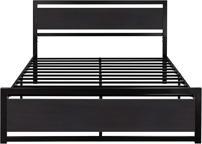 SHA CERLIN Full Size Bed Frame with Modern Headboard Heavy Duty Platform Metal Base with Square Footboard and 13 Strong Slats Support No Box Spring Needed Black