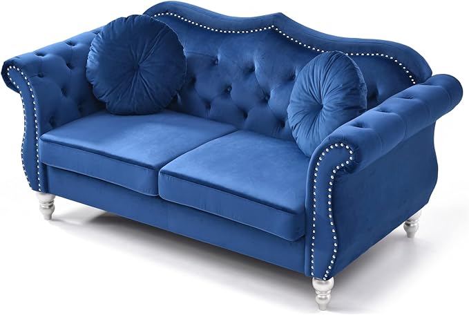 Velvet Loveseat 68 Wide Dark Gray - Hollywood Regency Style Sofa Navy Blue