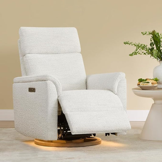 CHITA Power Swivel Glider for Adults with Nightlight Nursery Recliner Chair with Power Headrest for Living Room Bedroom Water-Resistant Boucle Fabric Boucle Fabric in Pearl