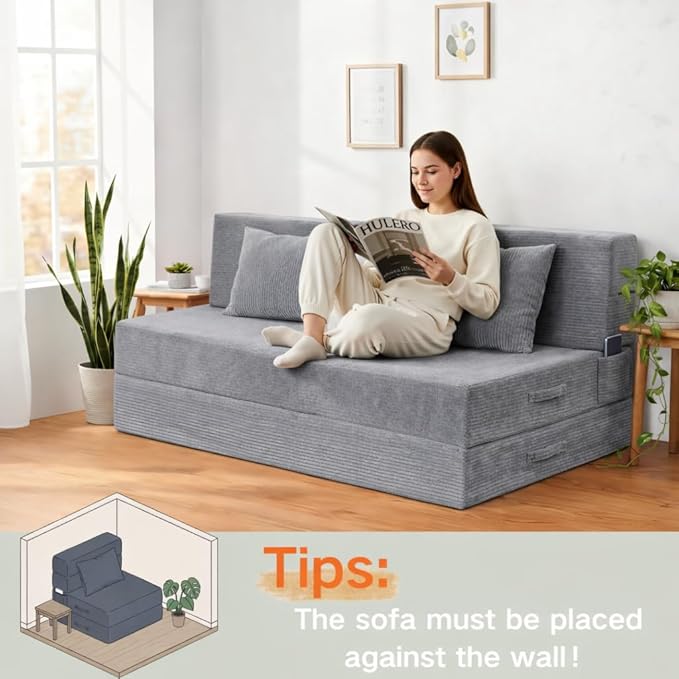 Folding Sofa Bed 4 in 1 Convertible Sleeper Chair with Pillow Queen Memory Foam Fold Out Chair Bed Modern Floor Futon Sofa Couch Mattress for Living Room/Guest/Apartment Light Gray