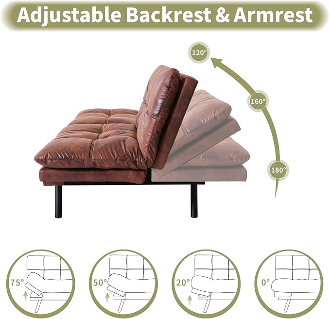 Vipbear 71 Futon Sofa Bed - Convertible Sofa Beds/Adjustable Backrest &amp Armrest Comfy Loveseat Sleeper for Small Spaces Apartments &amp OfficesFaux Leather Brown Futons