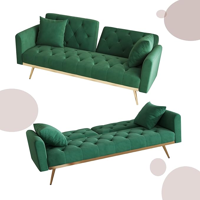 Modern Velvet 2 in 1 Futon Sofa BedConvertible Folding Sleeper Bed Couches with 2 Pillows73 Tufted Recliner Love Seat with Golden Chrome Legs for Living Room Apartment Office (Green-New Velvet)