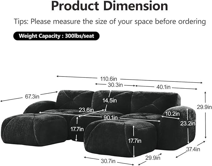 110 Oversized Modular Sectional Sofa Velvet 3-Saet Boneless Couch with Ottoman Deep Seat Cloud Couch Tufted Design Highly Textured U Shaped Sectional Couches for Living Room No Assembly Black
