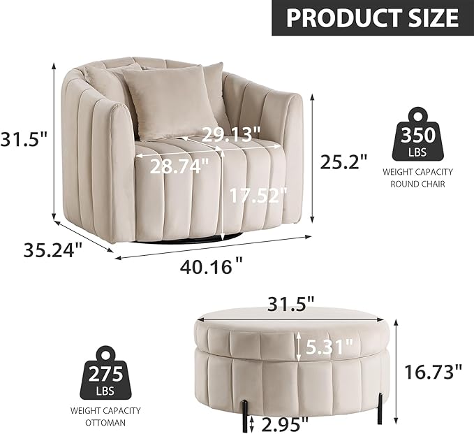 Chifee &amp Vingol 40.35 W Swivel Accent Barrel Chair with Ottoman Velvet Round Barrel Chair with 3 Pillows 360 Degree Swivel Armchair for Living Room Bedroom Beige