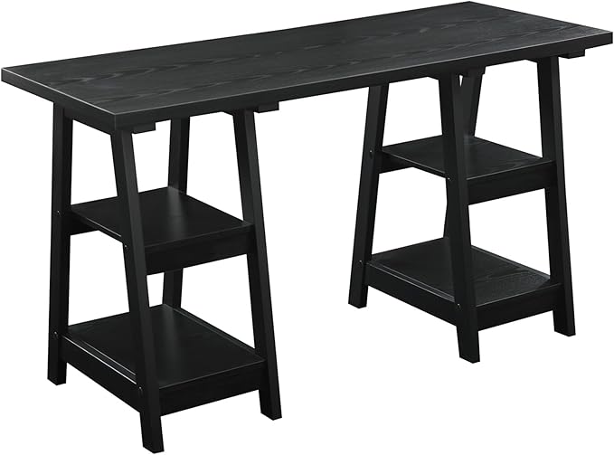 Pemberly Row Double Trestle Computer Desk 54 in Wide Black Wood Grain Finish 4 Fixed Shelves Contemporary Style Office Desk for Home or Indoor Workstation Use