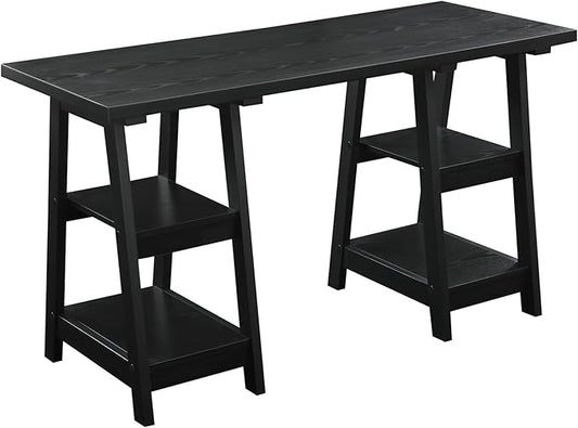 Pemberly Row Double Trestle Computer Desk 54 in Wide Black Wood Grain Finish 4 Fixed Shelves Contemporary Style Office Desk for Home or Indoor Workstation Use