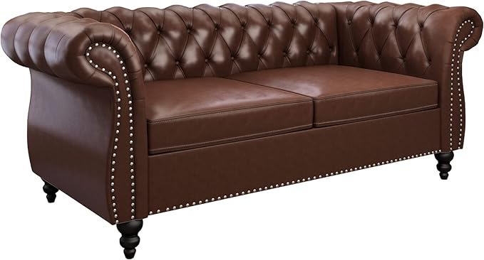 Chesterfield Loveseat Modern Faux Leather Sofa Tufted Couch 2 Seater with Rolled Arms and Nailhead for Living Room Bedroom Office Apartment (Dark Brown)