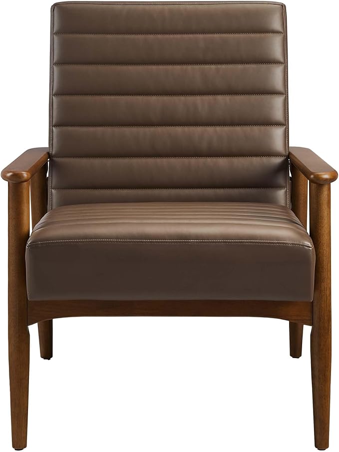 Modway Jensen Vegan Leather Accent Chair in Walnut Brown - Mid-Century Modern Armchair with Solid Wood Legs &amp Armrest - Upholstered Faux Leather Single Side Chair - Reading Chair for Living Room