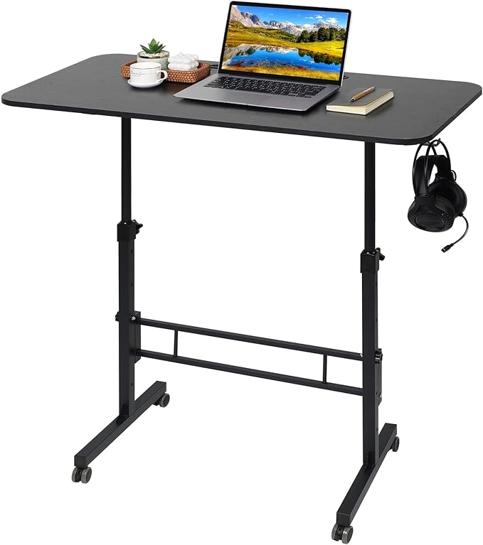 Standing Desk Adjustable Height Rolling Walking Pad Desk Small Mobile Table with Wheels Portable Stand Up Table for Standing or Sitting Size 31.5x15.7 Inch Black