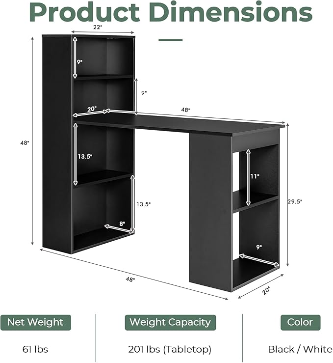 Giantex 48 Inch Computer Desk with Bookshelf 3-in-1 Home Office Desk with 4-Tier Bookcase &amp CPU Stand Space-Saving Reversible Writing Desk Work Table for Bedroom Study Room Office (Black)