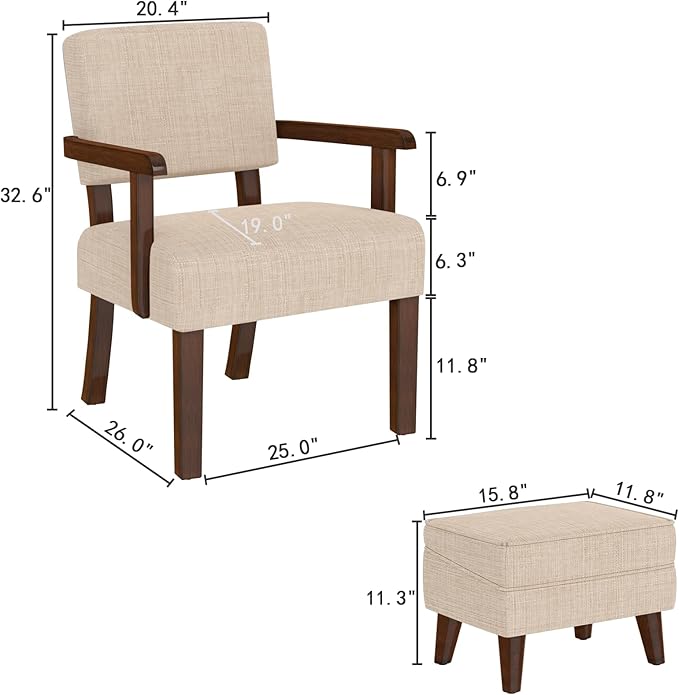 Accent Chairs with Adjustable Ottoman Comfy Arm Footrest Set Storage Footstool Sofa Armchair with Footrest Lazy Chair Set for Living Room/Bedroom/Reading Room Beige