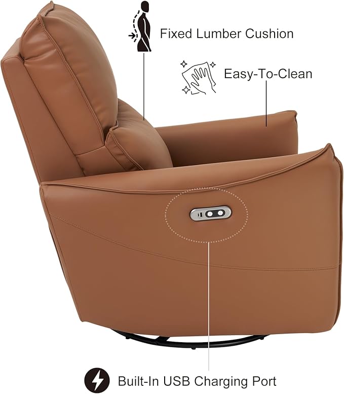 Recliner Sofa Rocking Chair Swivel Power Reclining Adjustable 360 Degree Spinning with Ergonomics Lumbar Support Natural Leather for Home Theater Seating Living Room Bedroom Nursery Grey