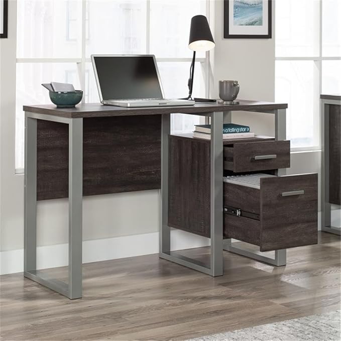 Pemberly Row Contemporary Single Pedestal Desk 45 in Wide Engineered Wood and Metal Construction Blade Walnut and Silver Finish with Storage Drawers and Shelf Home Office Computer Table