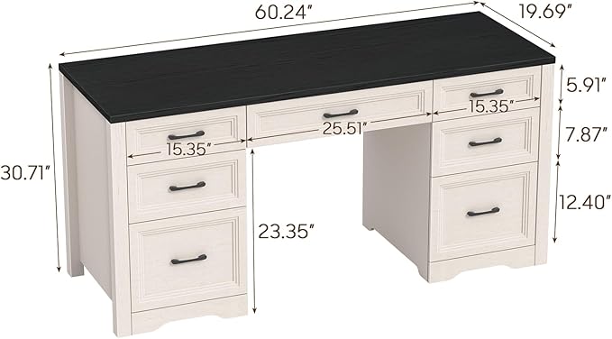 Vabches Farmhouse Executive Desk Wood Home Office Desk with 2 Large File Drawers and 5 Storage Cabinets Rustic Writing Desk for Work and Study Black