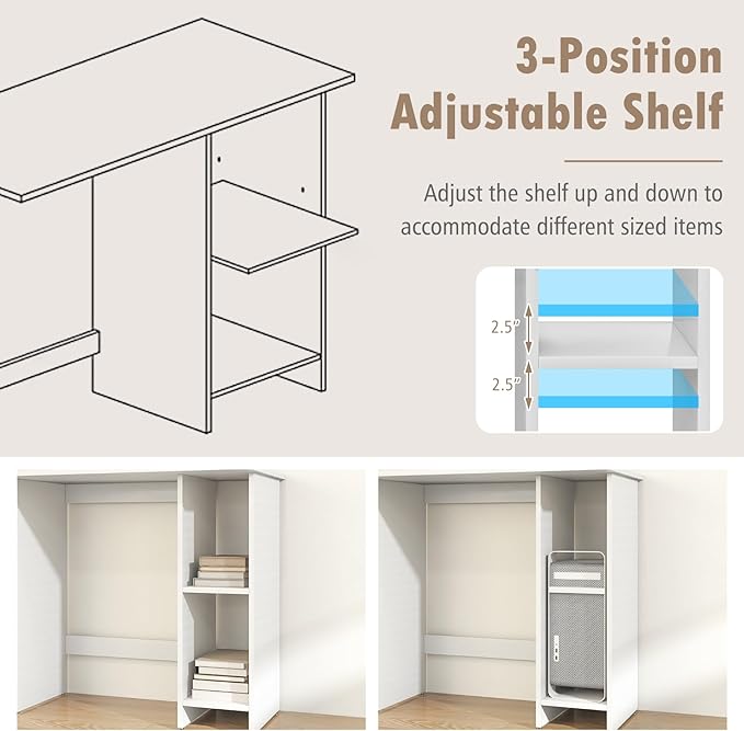 COSTWAY 31.5” Space Saving White Writing Desk Modern Home Office Computer Workstation with Adjustable Shelf Compact PC Table with Storage for Small Spaces/Bedroom/Dorm Rooms
