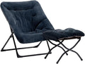 HollyHOME X-Large Saucer Chair with Foldable Ottoman Comfy Oversized Folding Chair and Folding Footrest Stool Set Faux-Fur Reading Chair and Footstool for Living Room Navy Blue Chair&ampStool