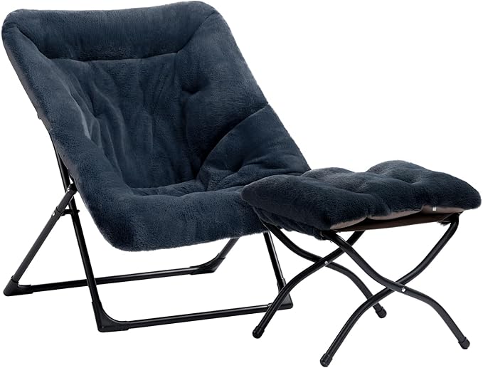 HollyHOME X-Large Saucer Chair with Foldable Ottoman Comfy Oversized Folding Chair and Folding Footrest Stool Set Faux-Fur Reading Chair and Footstool for Living Room Navy Blue Chair&ampStool