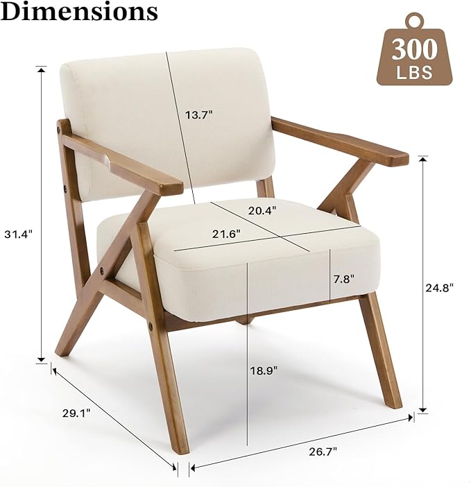 Mid Century Modern Chair Beige Accent Chair Upholstered Armchair with Solid Wood Frame Comfy Reading Nook Chair Lounge Chairs for Living Room Bedroom Linen