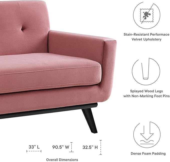 Modway Engage Performance Velvet Sofa with Dusty Rose Finish EEI-5600-DUS
