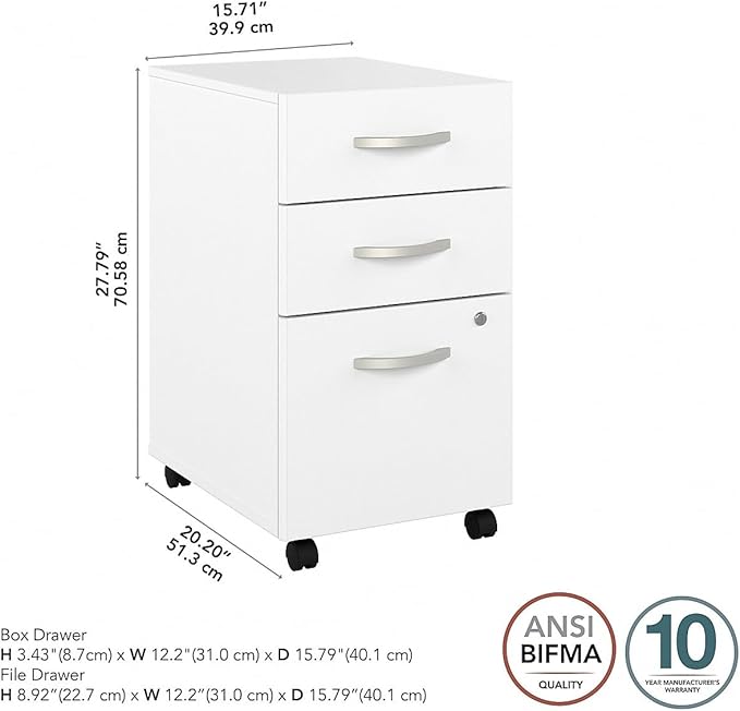 Bush Business Furniture Hybrid 3 Drawer Mobile File Cabinet in White - Assembled