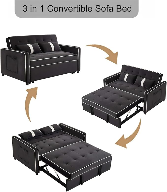 Loveseat Sleeper Sofa 3 in 1 Convertible Sofa Bed Adjustable Backrest Comfy Pull Out Couch Modern Upholstered Sofa for Living Room Bedroom Apartment Small Space (Black 1)
