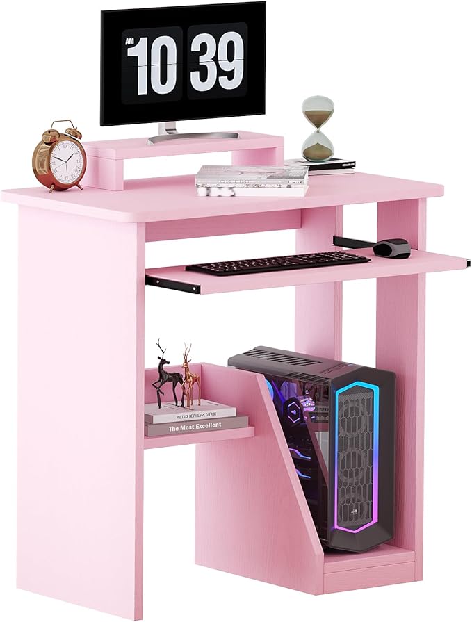 30 Inch Gaming Desk Computer Desk with Keyboard Tray Monitor Stand Storage Shelves CPU Stand Industrial Small Desk for Small Spaces Home Office Desk Pink