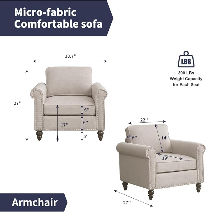 Single Sofa Beige Armchair for Living Room Mid Century Modern Couch with Solid Wood Frame and 4 Gourd Shapes Legs for Home/Bedroom/Apartment