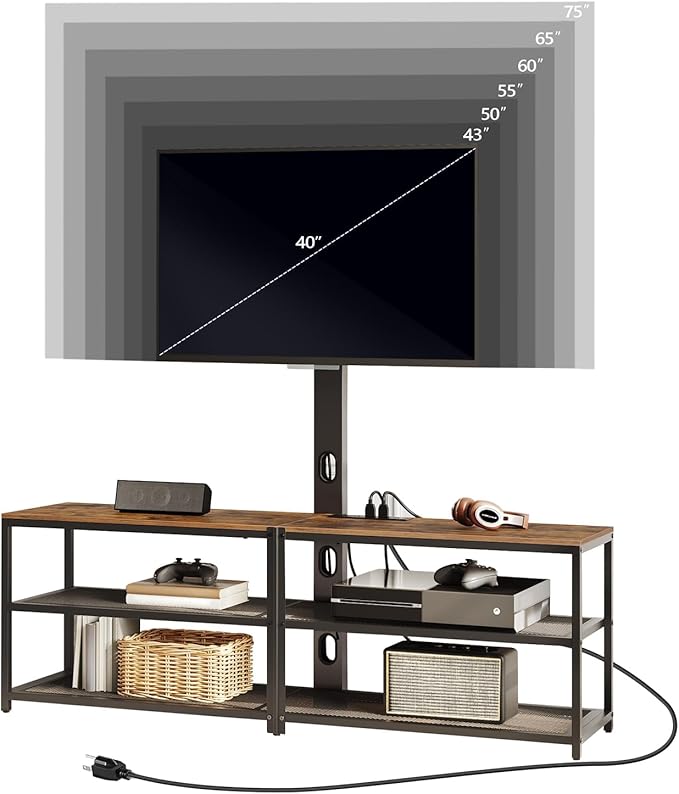 59 TV Stand with Mount and 4 Power Outlets Entertainment Center Media Console Swivel TV Stand Mount up to 75 inch TVs Height Adjustable Metal Frame for Living Room Bedroom TVHR35E01V
