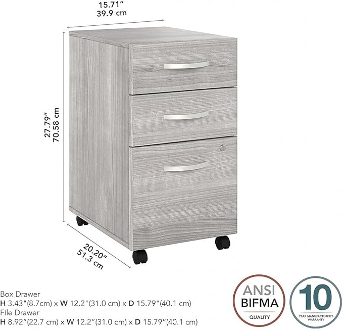 Bush Business Furniture Hybrid 3 Drawer Mobile File Cabinet-Assembled Platinum Gray