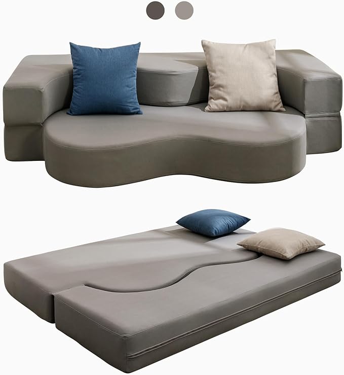Mjkone 78 Width Queen Size Floor Sofa Bed Fold Out Couch with Memory Foam Matress Stylishly Upholstered Convertible Futon Sleeper Bed with Washable Cover for Living Room Guest Room Light Gray