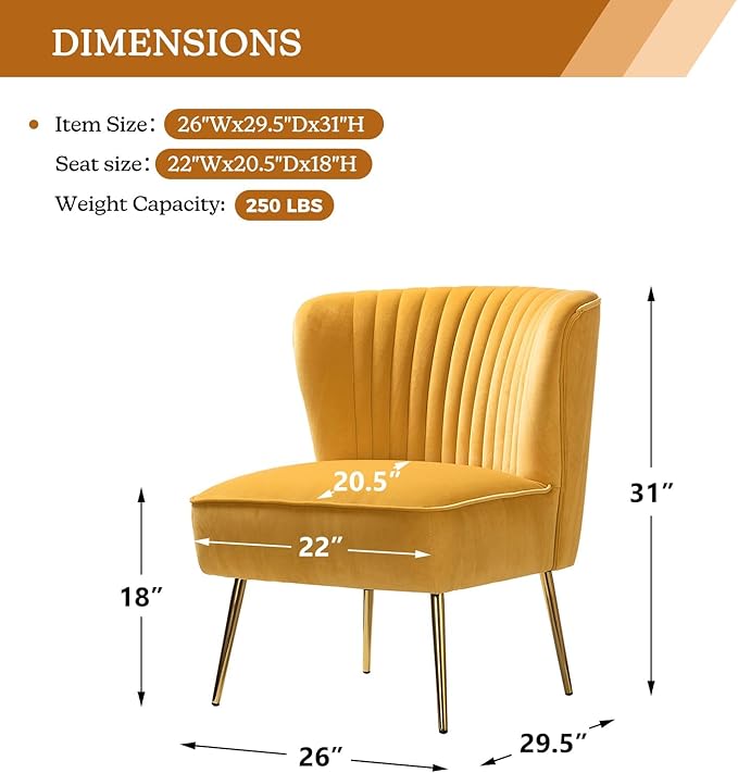 HULALA HOME Velvet Accent Chair Modern Upholstered Cute Side Chair with Gold Metal Legs Armless Wingback Slipper Chair Comfy Living Room Chair for Bedroom Guest Room VanityMustard