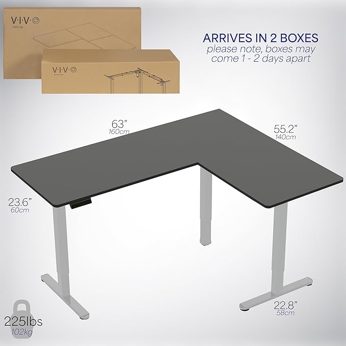VIVO Corner Standing Desk 63 x 55 inch Reversible L-Shaped Workstation Electric Height Adjustment Home Office and Reception Rooms Black Table Top Gray Frame DESK-E3CTGB