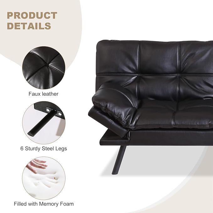 Opoiar 71-Inch Futon Sofa Bed Convertible Guest Bed &amp Loveseat | Cozy Faux Leather with Adjustable Positions for Welcoming Living Rooms - Black