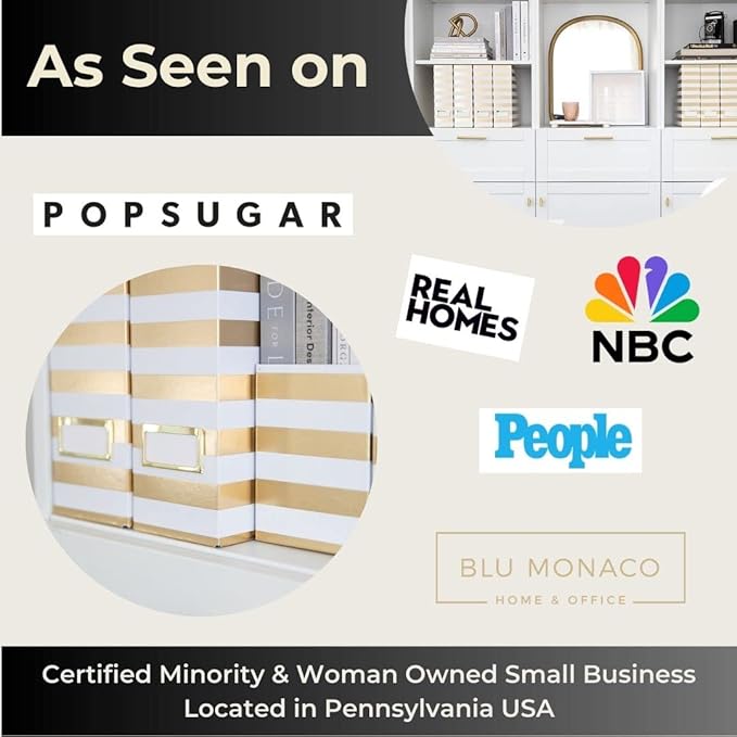 BLU MONACO | Cardboard Magazine File Holder Set of 4 Gold White Stripes | Vertical Magazine File Holder with Label Slots | Standing File Holder and Cardboard Bins for Shelves Desk Classroom