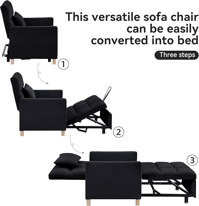 Sleeper Sofa Bed 3-in-1 Convertible Chair Bed Multi-Functional Sleeper Chair Soft Velvet Fabric for Living Room Apartment Office (Black-Velvet)
