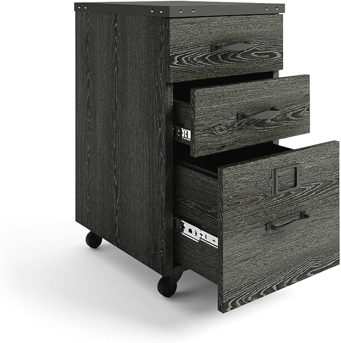 NBF Three Drawer Mobile File Storage Pedestal - Weathered Gray | Mobile Storage Unit Secure Storage Solution Stylish Organization