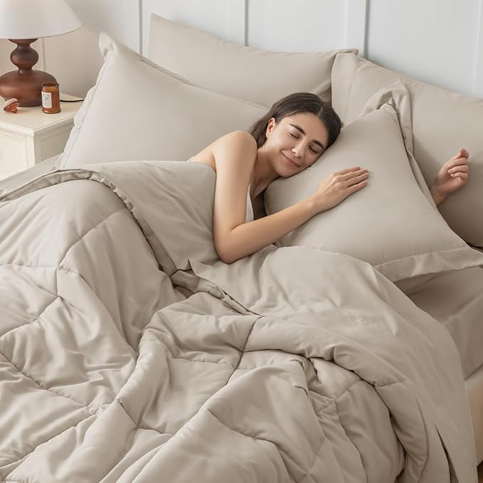JOLLYVOGUE Queen Comforter Set Ultra-Soft Bed in a Bag Queen Size 7 Pieces Oeko-TEX Certified Bedding Set with Down Alternative Comforter Sheets Pillowcases &amp Shams Oatmeal
