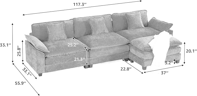 117.3” Green Modular Sectional Sofa 3 Seater Large Sectional Couches for Living Room Chenille Fabric Oversized Cloud Couch with Ottoman Deep Seat Wide Armrest Home Sofas Set Sofá Moderno L Shaped