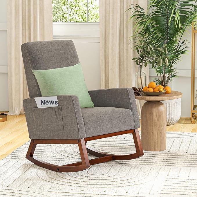MEDIMALL Comfortable Rocking ChairModern Fabric Armchair w/Wood Base Side PocketLinen Padded Seat Suitable for Living Room Bedroom Nursery (Grey)