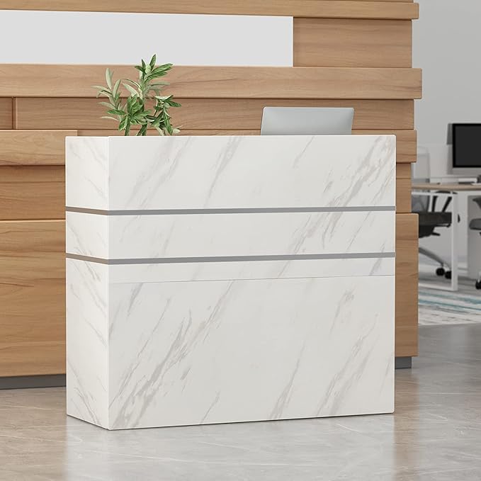 Homsee Modern Reception Desk with 3 Drawers 1 Door Storage Cabinet &amp Hutch Shelf Office Wooden Computer Desk Writing Study Table PC Laptop Desk White Marble (47.3 L x 18.3 W x 43.3 H)