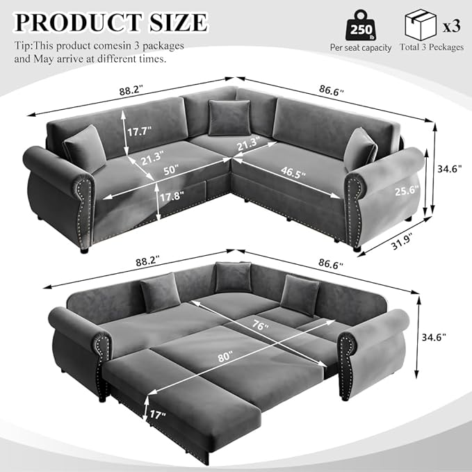88 L Shaped Sectional Sleeper Sofa Couch with Pull Out Bed Oversized Chenille Convertible Sectional Couches with Nailhead Trim &amp Rolled Arm for Living Room Removable Sofa CoverLigt Grey