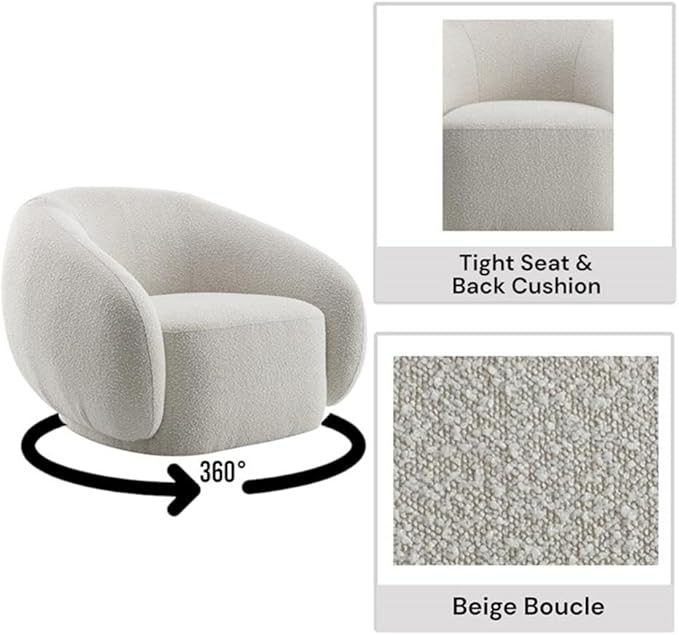 BOWERY HILL Contemporary Swivel Accent Chair 42 W x 40 D x 30 H Boucle Fabric Upholstered in Beige Plush Foam Cushion Modern Style 360-Degree Rotation Living Room or Reading Nook Seating