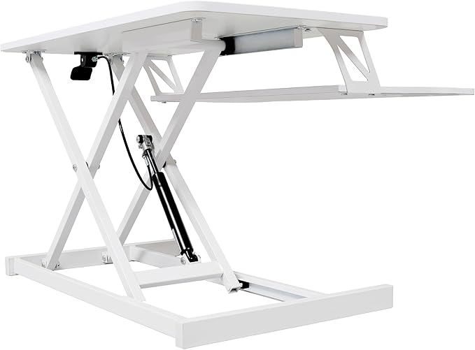 32 Inch Stand Up Laptop Desk Converter Heavy Duty Height Adjustable Standing Computer Workstation Riser with Removable Keyboard Tray for Home Office Workshop Spacious Platform for Monitor White